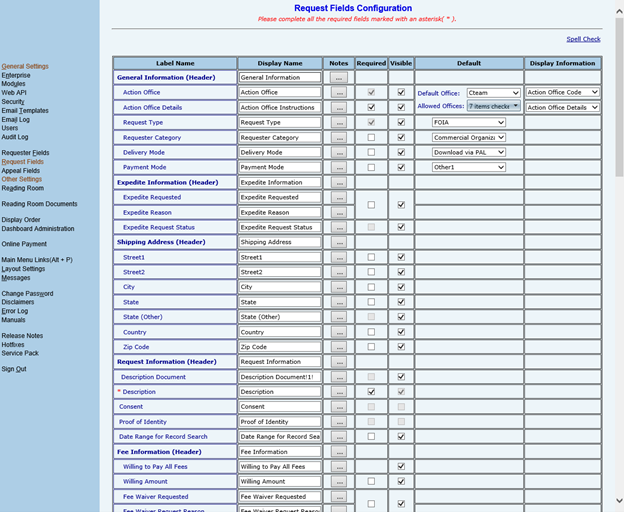 Configuration settings for request fields including labels, visibility, and default values.